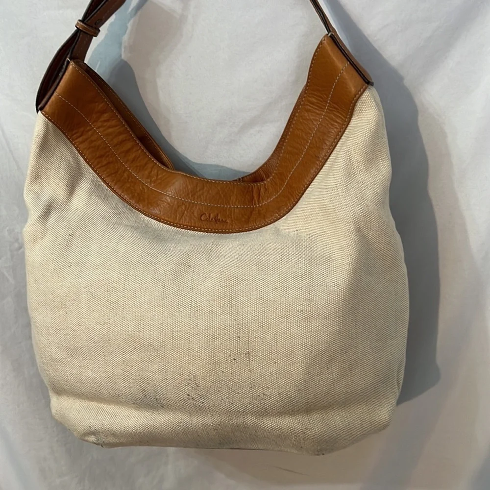 Cole Haan Vintage Stylish Tan Leather Cream Canvas Women's Bag Satchel Weekender